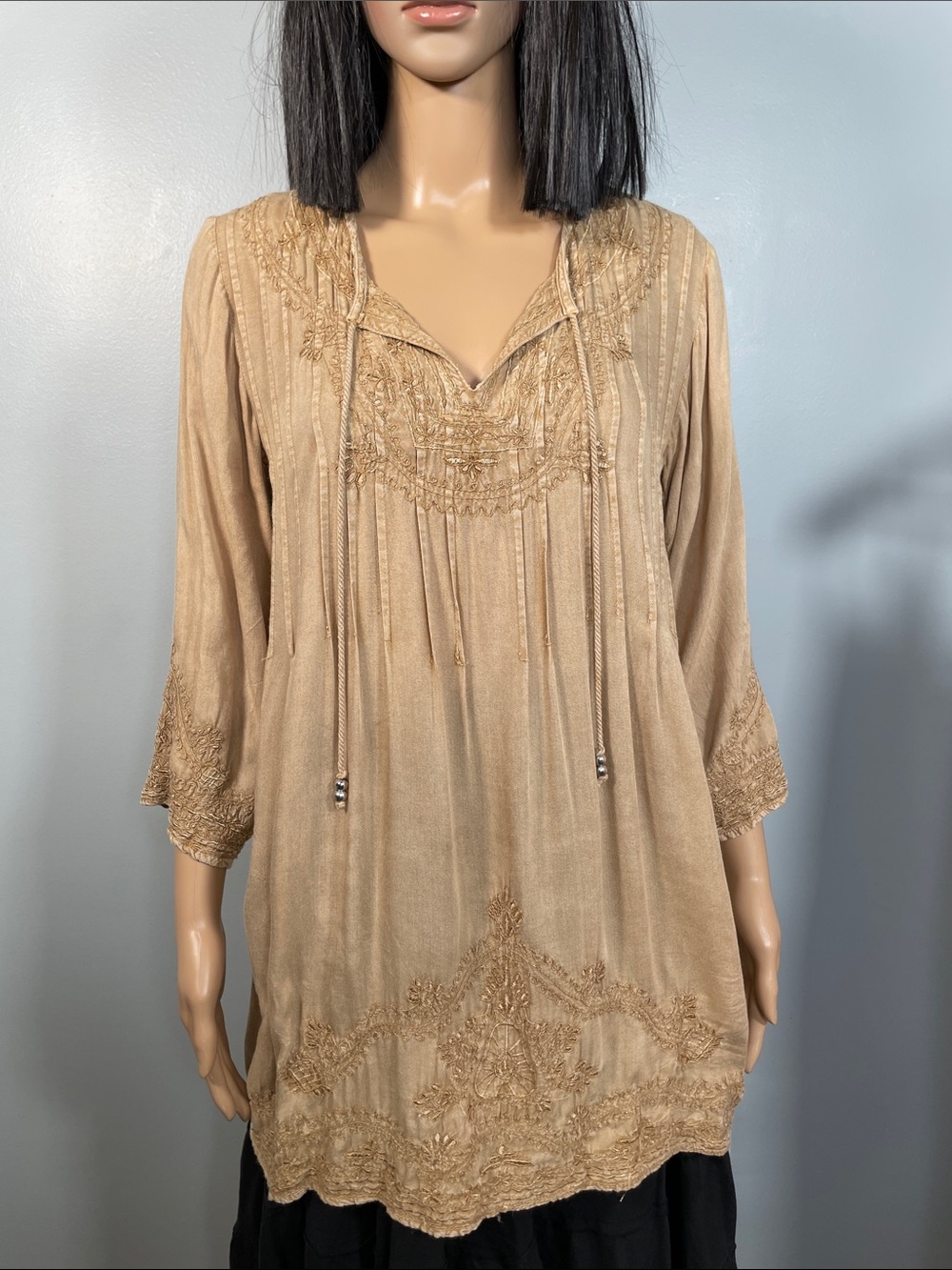Solitaire Embroidered V-Neck Tunic in Beige
